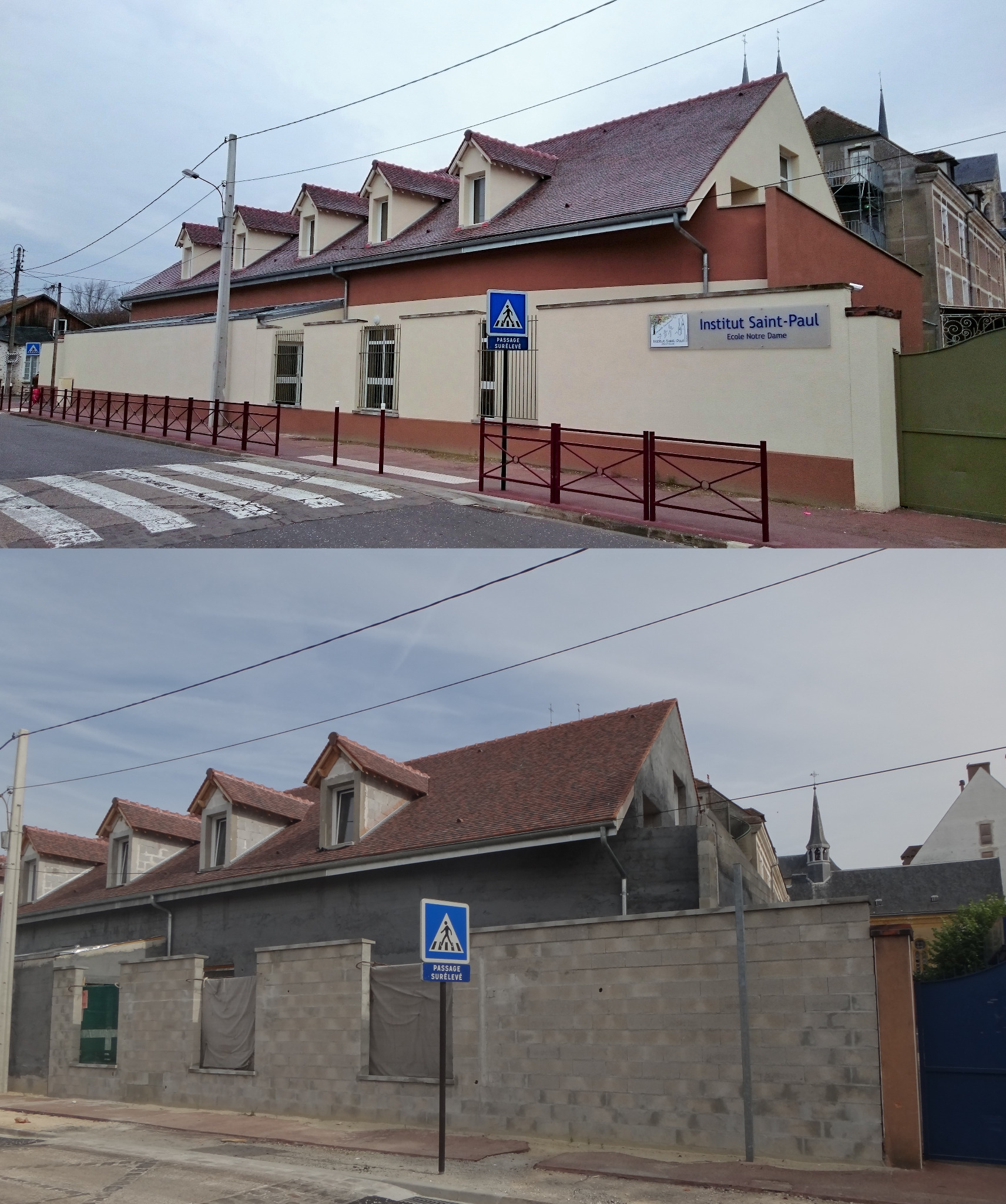 Porównanie budynku: elewacja po renowacji z nową elewacją i odnowionym dachem z oknami dachowymi, kontrastujące z surowym murem w dolnej części zdjęcia.