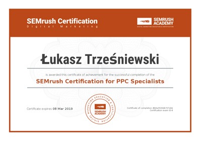 Certyfikat SemRush - Specjalista PPC