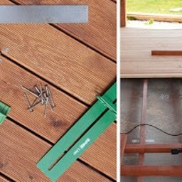 CraftPRO - Montaż desek tarasowych: narzędzia (kątownik, szpilki) na brązowym tarasie, w tle mężczyzna układa deski, widoczna piła.