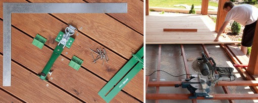 Montaż desek tarasowych: narzędzia (kątownik, szpilki) na brązowym tarasie, w tle mężczyzna układa deski, widoczna piła.