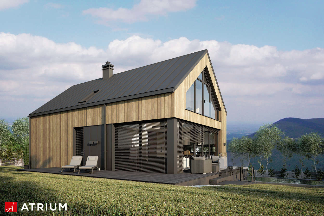 Wizualizacja nowoczesnego domu z drewnianą elewacją i dużymi przeszkleniami, tarasem z leżakami i basenem na tle górskiego krajobrazu w słoneczny dzień.