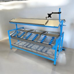 MASTERTECH SPÓŁKA Z OGRANICZONĄ ODPOWIEDZIALNOŚCIĄ - Niebieska, metalowa konstrukcja regału z rolkami i blatem, przeznaczona do zastosowań przemysłowych, ustawiona w jasnym pomieszczeniu.