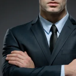 Mężczyzna w granatowym garniturze i czarnym krawacie, z założonymi rękami, prezentuje profesjonalny wizerunek na tle szarego studia.