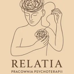 Grafika liniowa: osoba z kłębowiskiem myśli nad głową i w dłoniach, symbolizująca skomplikowane emocje. Napis 'RELATIA PRACOWNIA PSYCHOTERAPII'.