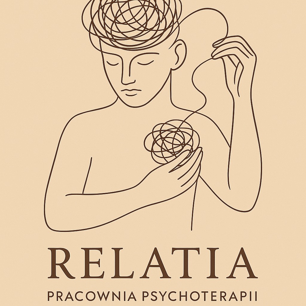 Grafika liniowa: osoba z kłębowiskiem myśli nad głową i w dłoniach, symbolizująca skomplikowane emocje. Napis 'RELATIA PRACOWNIA PSYCHOTERAPII'.