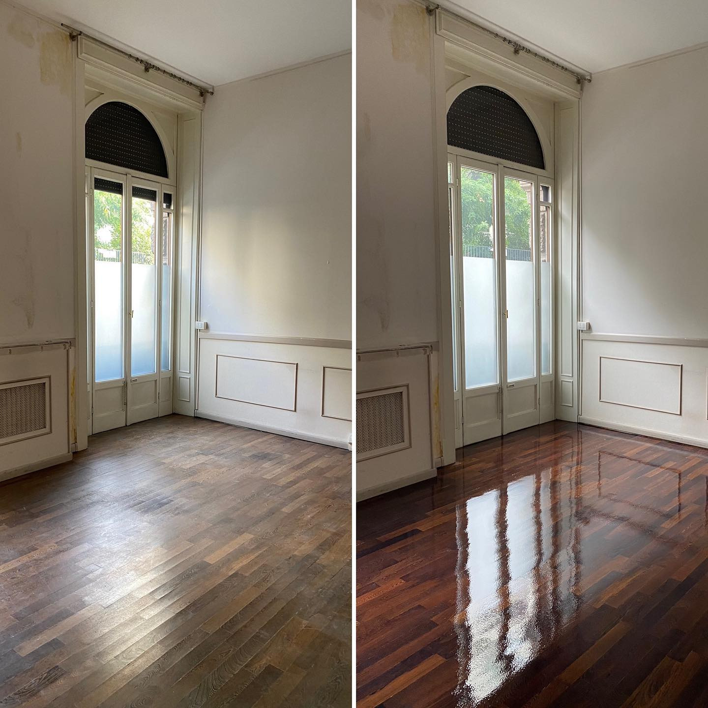 Parkiet przed i po renowacji: ciemne drewno odzyskuje blask, ukazując wyraźny kontrast. Błyszcząca powierzchnia odbija światło, podkreślając odnowiony wygląd.