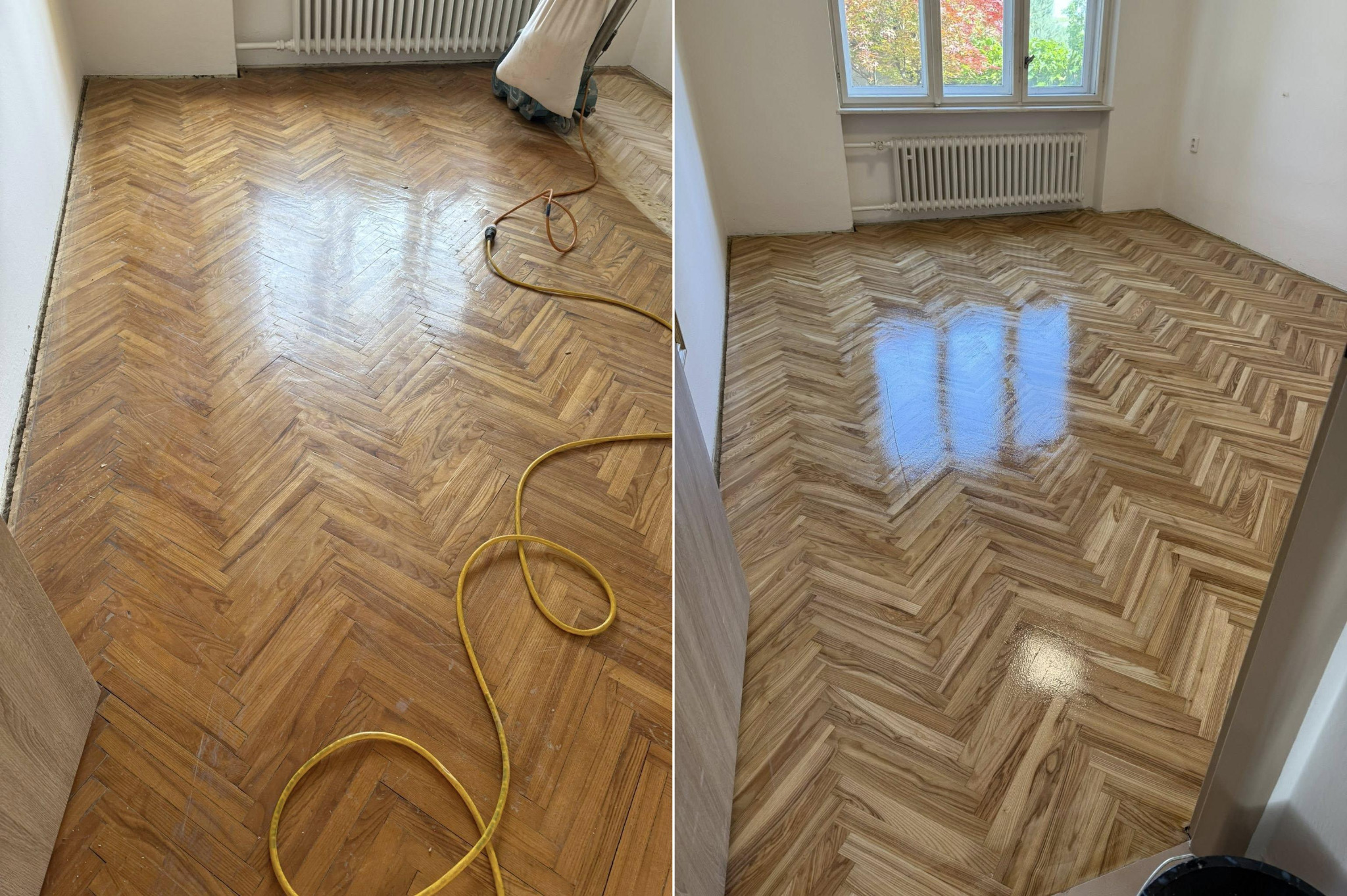 Parkiet w jodełkę przed i po renowacji. Po lewej: stara, zniszczona podłoga. Po prawej: odnowiona, błyszcząca podłoga z widocznym odbiciem okna.