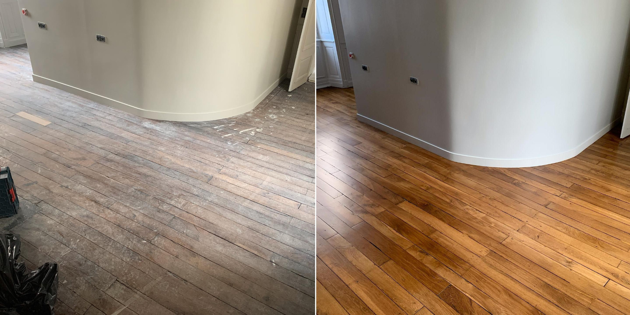 Porównanie stanu podłogi przed i po renowacji: od szarej, zniszczonej powierzchni do gładkiej, lśniącej drewnianej podłogi w ciepłym odcieniu brązu, widok z bliska.