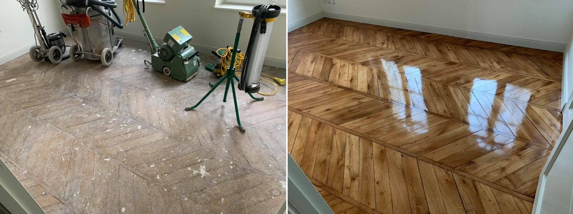 Parkiet w jodełkę przed i po cyklinowaniu. Po lewej: surowe drewno z pozostałościami po szpachli. Po prawej: wycyklinowany, polakierowany parkiet z wyraźnym rysunkiem drewna.