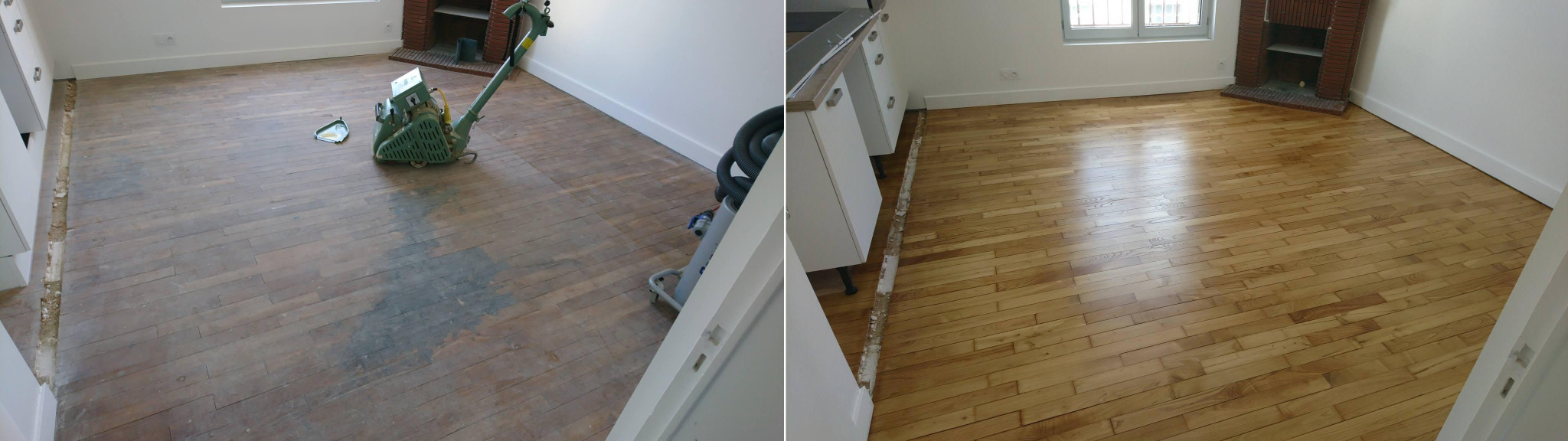 Porównanie: stara, zszarzała podłoga vs. odnowiona, jasna podłoga po cyklinowaniu. Widoczna maszyna do cyklinowania i odkurzacz.