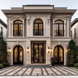 Elewacja dwukondygnacyjnego domu z symetrycznym układem okien łukowych i zdobionymi detalami architektonicznymi. Wyróżniają się czarne, ozdobne drzwi wejściowe.