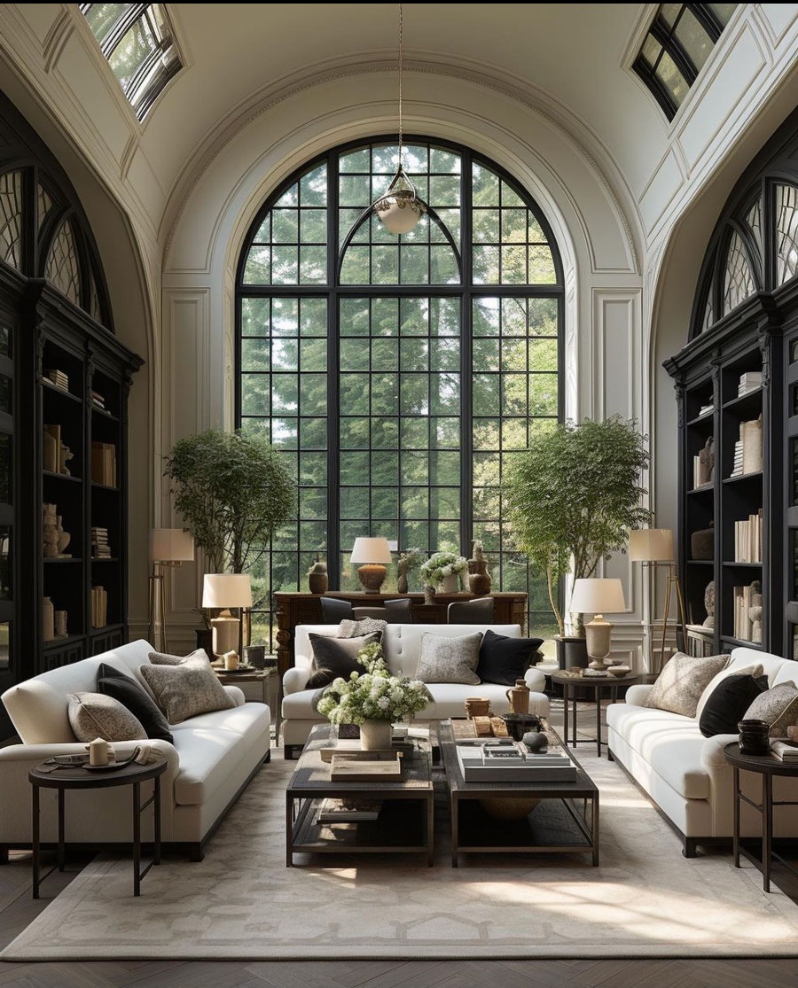 Elegancki salon z wysokim łukowym oknem i symetrycznym układem sof, regałów i stolików kawowych. Wnętrze w neutralnej kolorystyce z akcentami czerni i zieleni roślin.