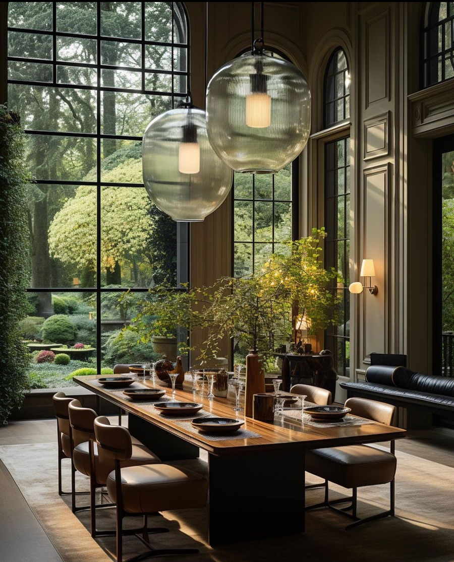 Elegancka jadalnia z dużym oknem na ogród. Długi drewniany stół nakryty dla wielu osób, nad nim wiszą dwie szklane lampy. W tle widoczny ogród.
