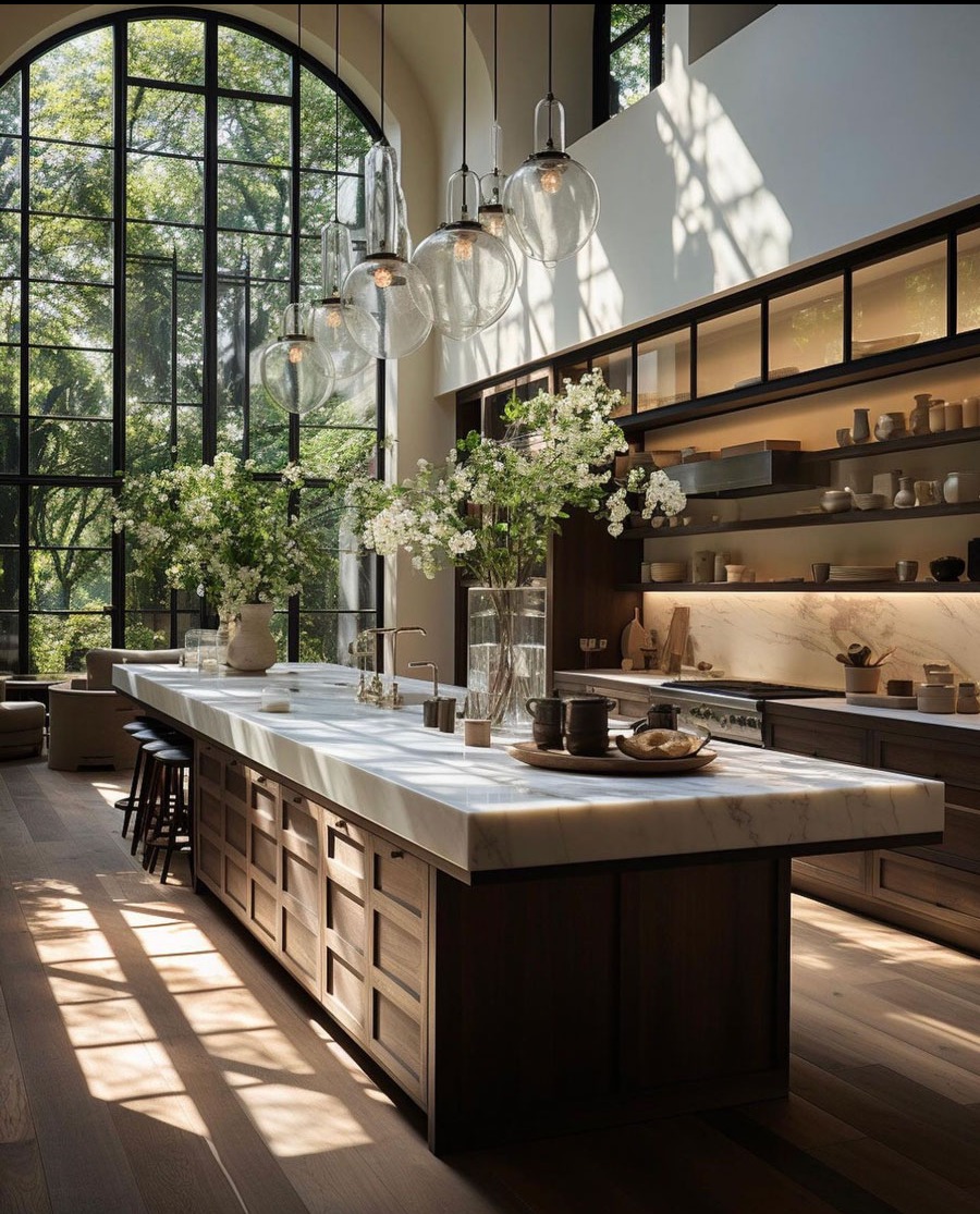 Luksusowa kuchnia z wyspą z marmurowym blatem, oświetlona wiszącymi lampami i wpadającym przez okno światłem. Białe kwiaty w wazonach dodają elegancji.