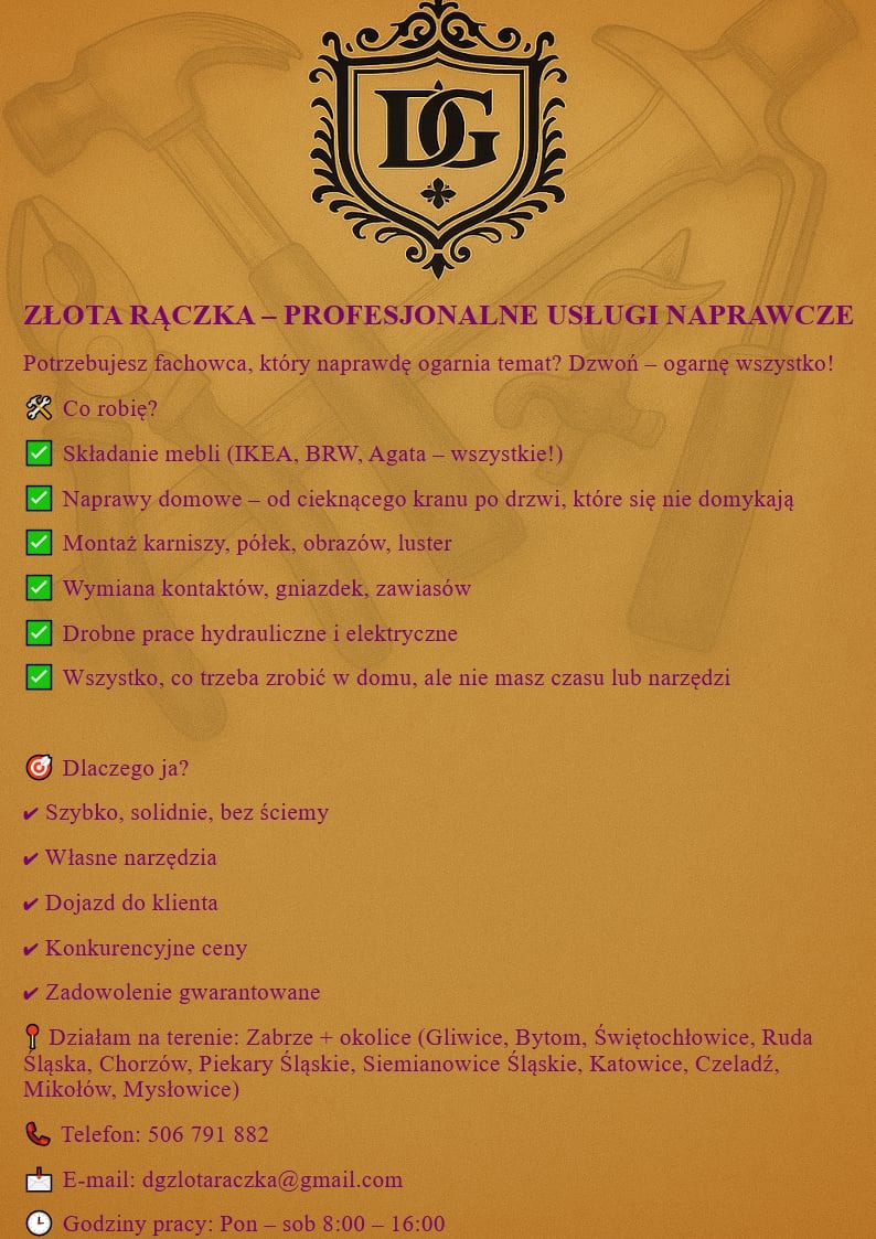 Ogłoszenie 'Złota Rączka' z ofertą usług naprawczych, obejmujące składanie mebli, naprawy domowe, montaż karniszy i drobne prace hydrauliczne, z danymi kontaktowymi.
