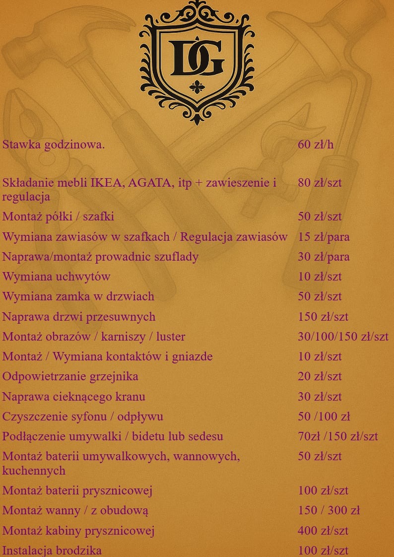 Grafika z cennikiem usług złotej rączki: montaż mebli, półek, naprawa drzwi, wymiana zamków, podłączanie umywalek, montaż wanien i inne. Na górze logo firmy i narzędzia.