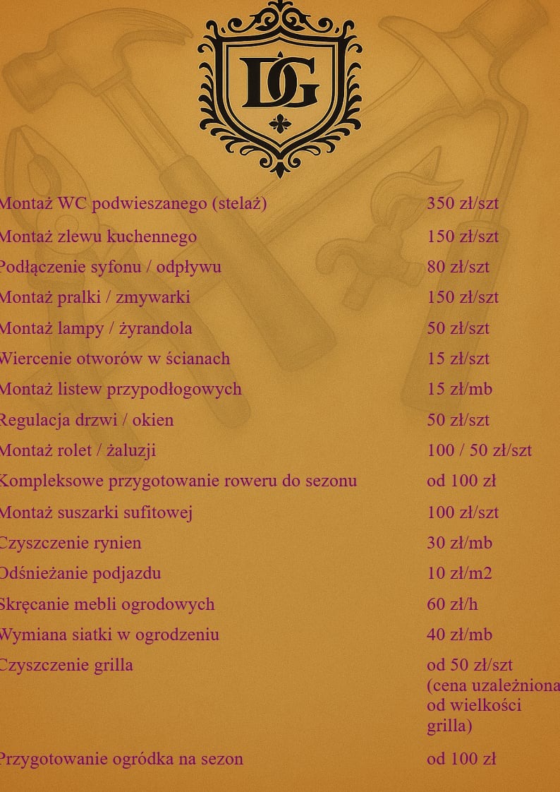Cennik usług remontowych i montażowych z logo firmy, obejmujący m.in. montaż WC, zlewu, pralki, lamp, rolet, suszarki, czyszczenie rynien i inne drobne prace.