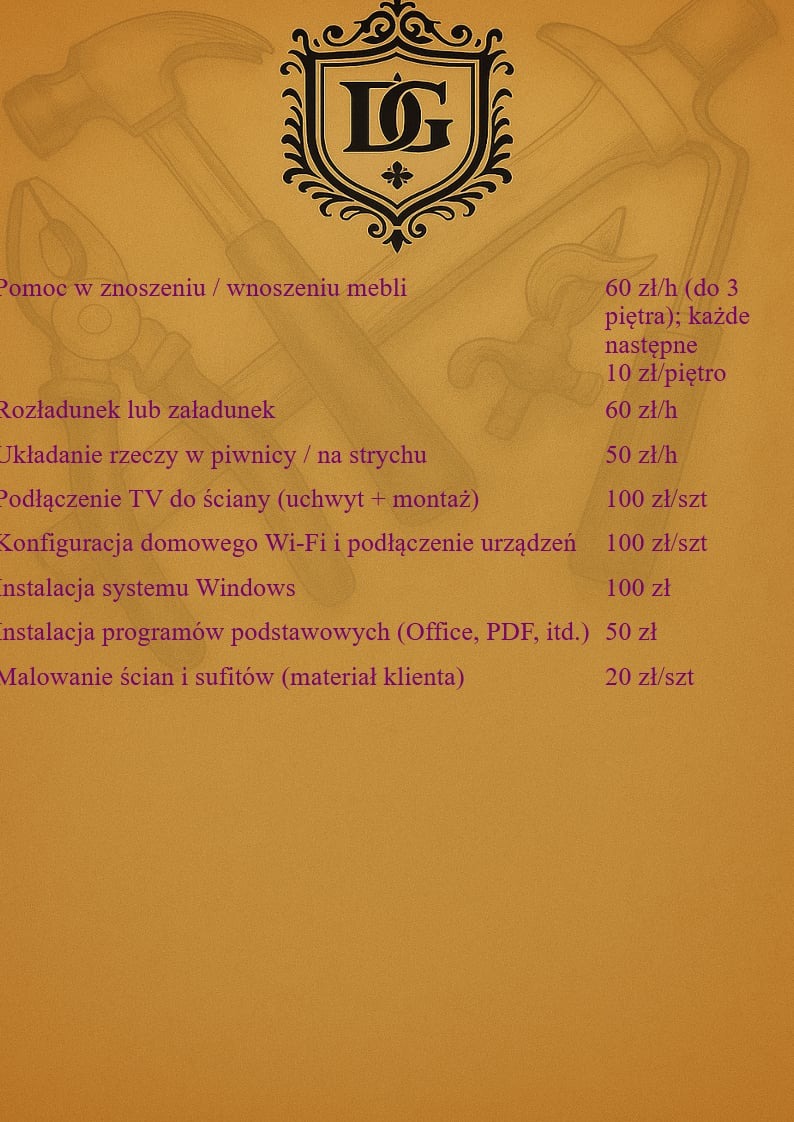 Grafika z cennikiem usług: pomoc w noszeniu mebli, rozładunek, układanie rzeczy, montaż TV, konfiguracja Wi-Fi, instalacja Windows, programów, malowanie ścian. Logo firmy.