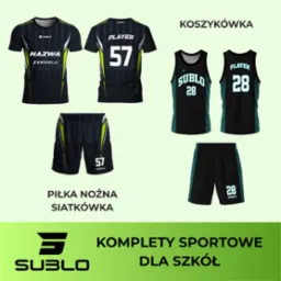 Komplety sportowe: koszulki i spodenki do piłki nożnej, siatkówki i koszykówki z nadrukami, w kolorystyce czarno-zielonej, dedykowane dla szkół.