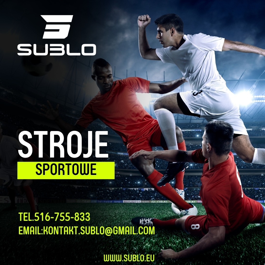 Dynamiczne ujęcie grafiki z piłkarzami w strojach sportowych firmy Sublo, na tle stadionu. Widoczny kontakt i dane kontaktowe firmy.