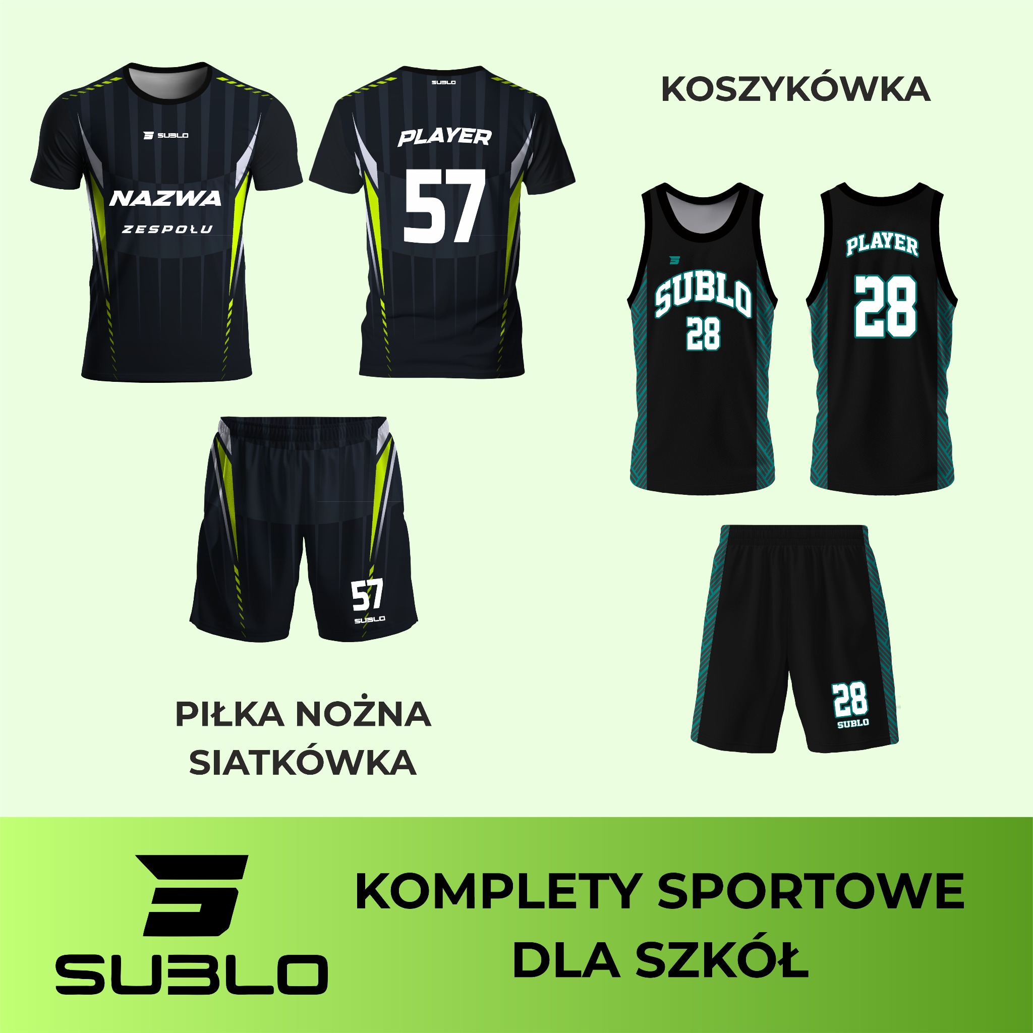 Komplety sportowe: koszulki i spodenki do piłki nożnej, siatkówki i koszykówki z nadrukami, w kolorystyce czarno-zielonej, dedykowane dla szkół.