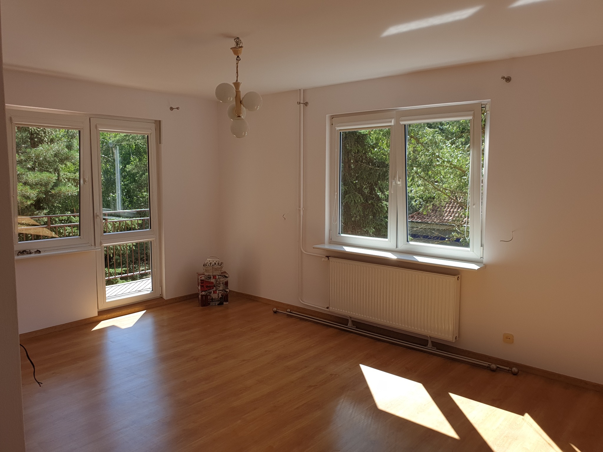 Jasne, puste wnętrze z drewnianą podłogą, białymi ścianami, oknem z widokiem na zieleń i balkonem. Lampa sufitowa. Promienie słoneczne wpadają do pokoju.