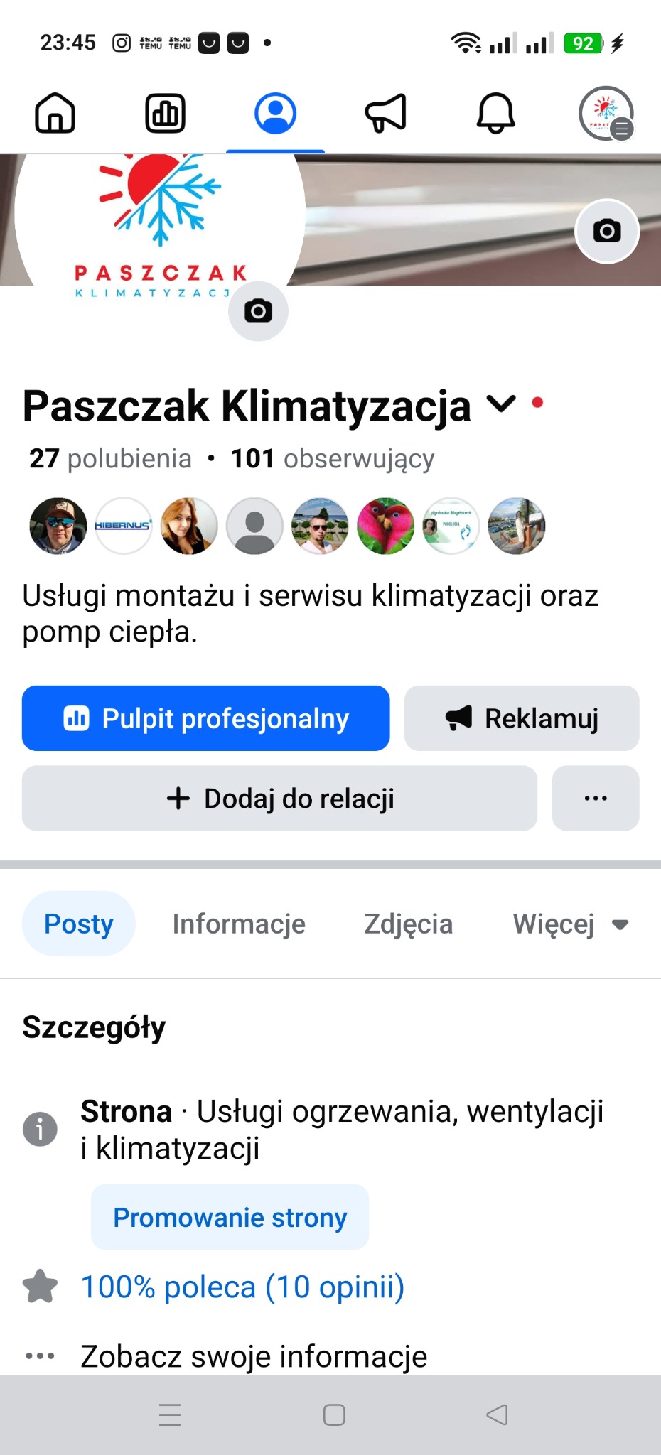 Profil firmy Paszczak Klimatyzacja na Facebooku. Logo z słońcem i płatkiem śniegu. Oferta: montaż i serwis klimatyzacji oraz pomp ciepła. 101 obserwujących.