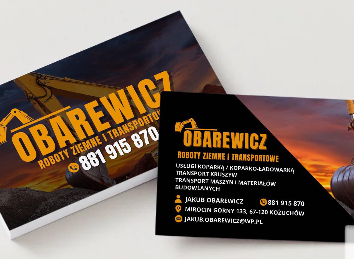 Dwie wizytówki firmy Obarewicz z grafiką koparki i danymi kontaktowymi, oferującej roboty ziemne i transport. Czarno-pomarańczowa kolorystyka.