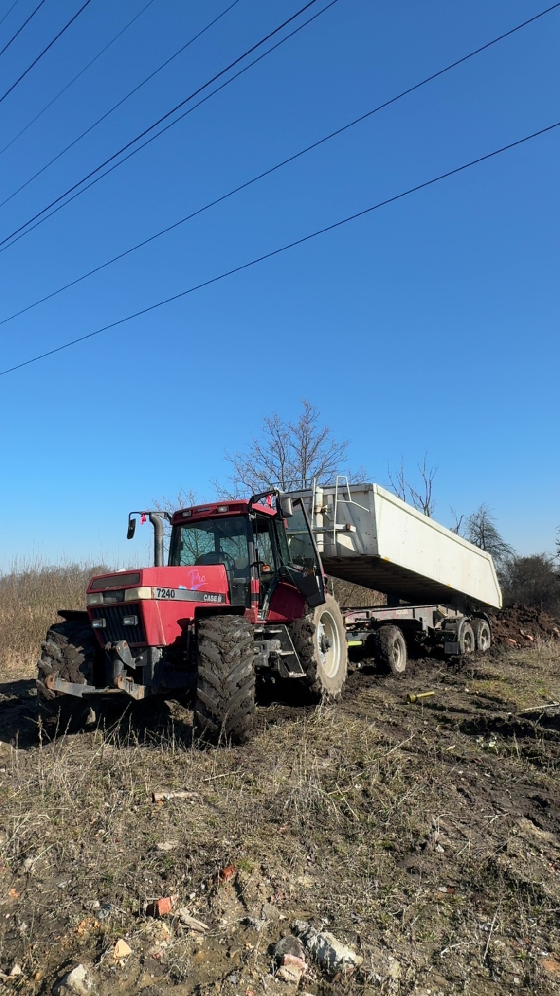 Czerwony traktor Case 7240 z białą przyczepą na błotnistym terenie, prawdopodobnie po wycince drzew. Błękitne niebo w tle, widoczne linie energetyczne.