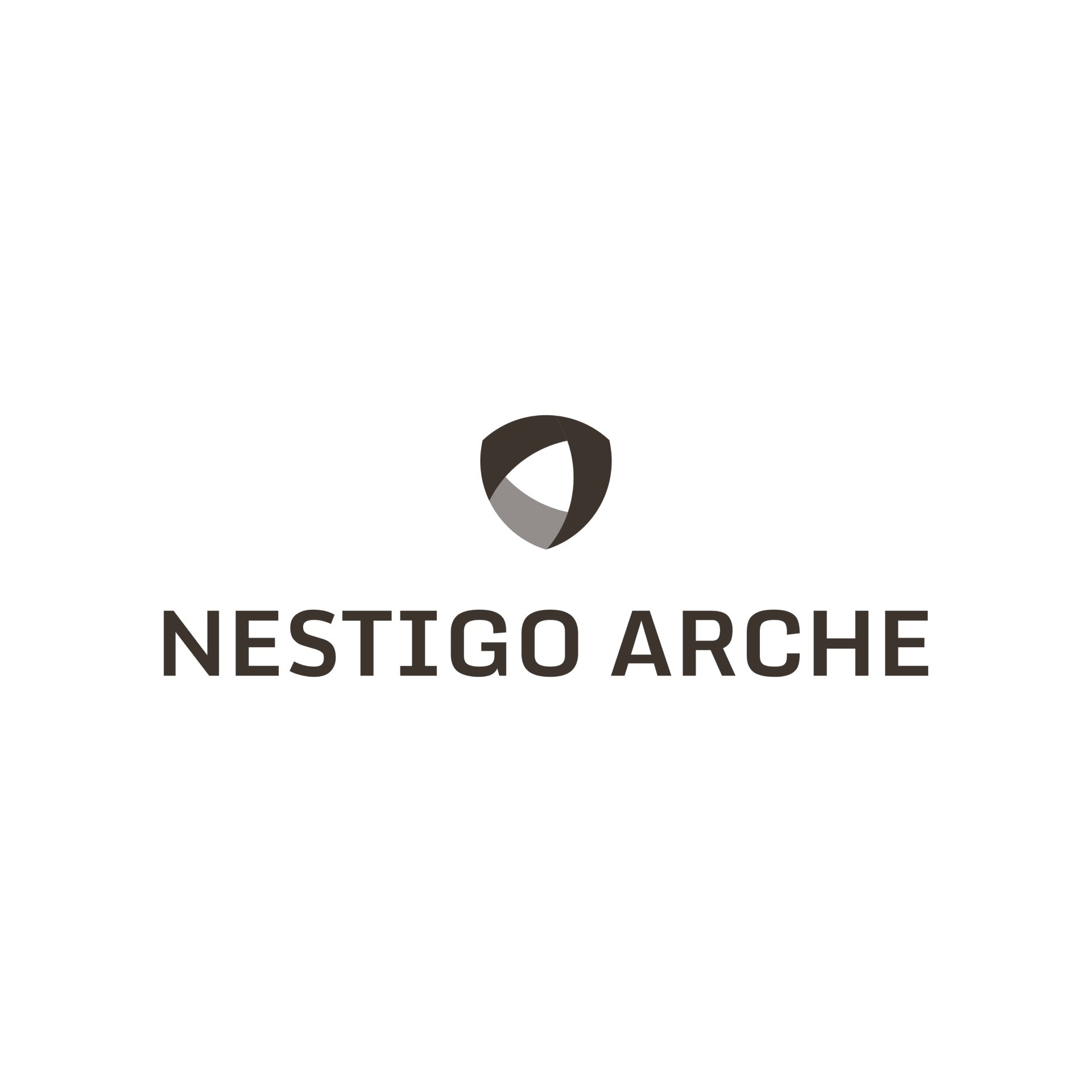 Minimalistyczne logo firmy Nestigo Arche z geometrycznym symbolem tarczy w odcieniach szarości nad nazwą, na białym tle. Prosty, nowoczesny design.