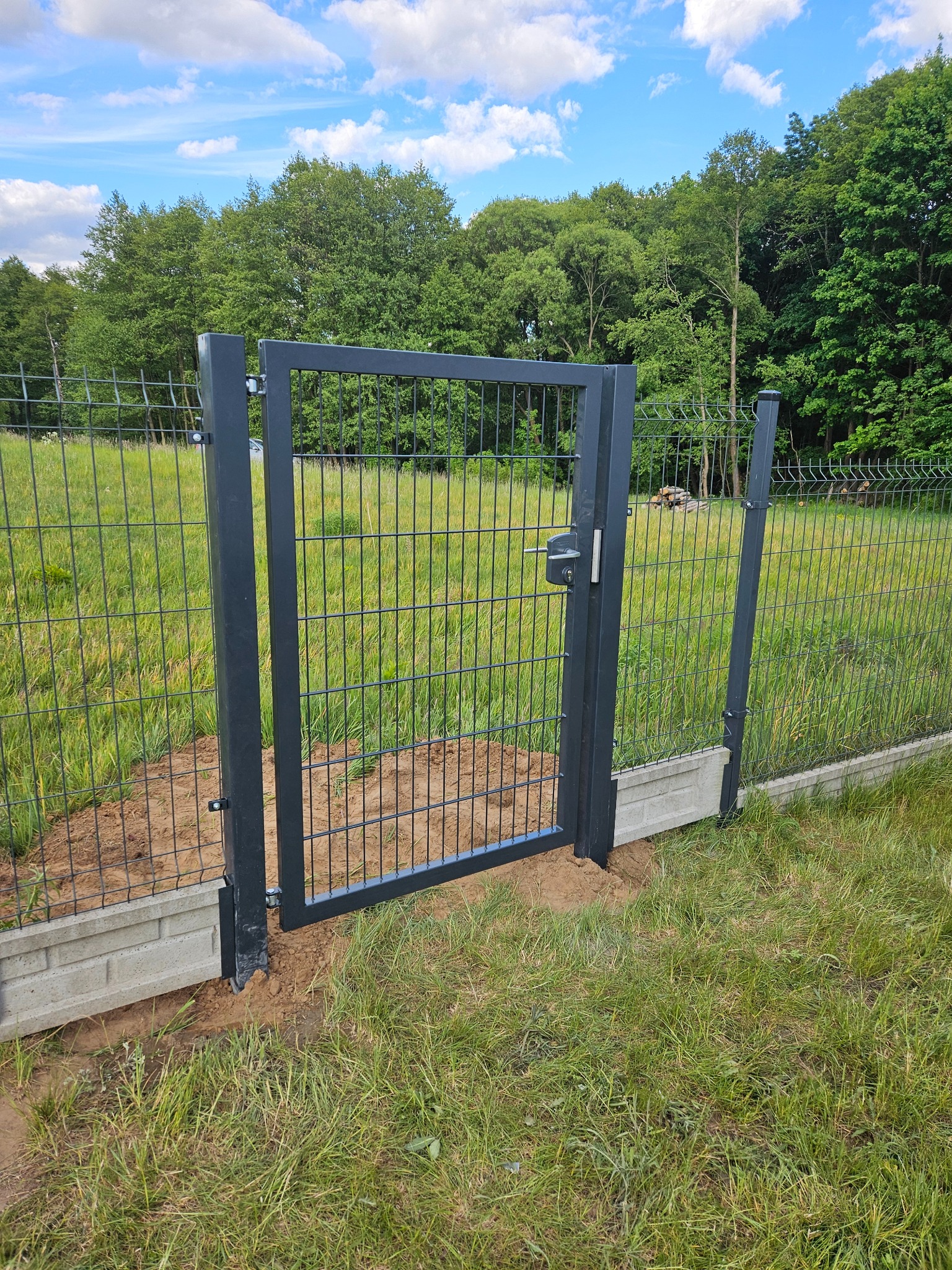 Nowoczesna, metalowa furtka z siatkowym wypełnieniem, wkomponowana w ogrodzenie panelowe z podmurówką betonową. Widok na zalesiony teren w tle.