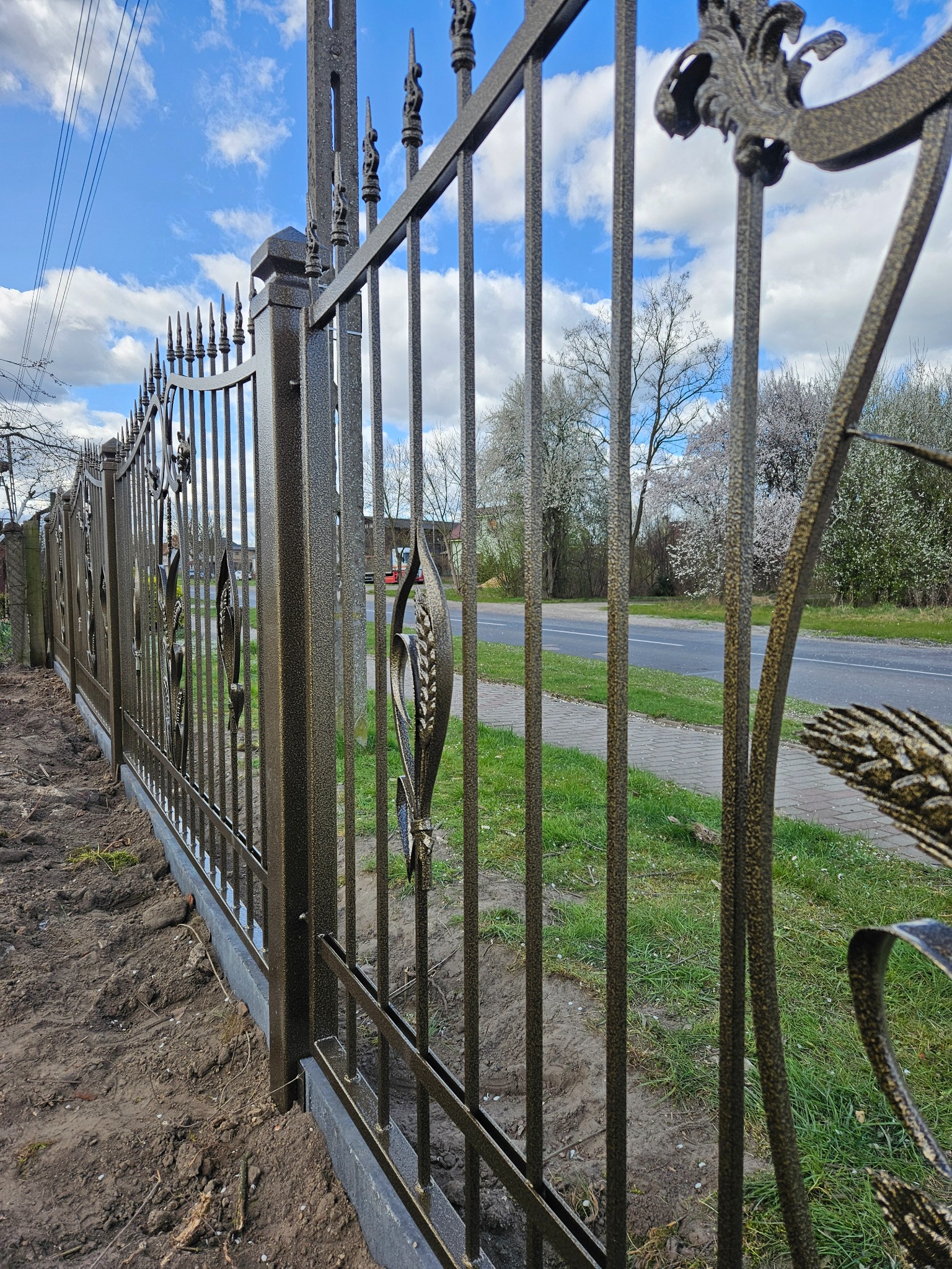 Kute ogrodzenie posesji z dekoracyjnymi elementami w kształcie liści, widoczne z bliska, z ulicą i zielenią w tle. Metaloplastyka z efektem patyny.