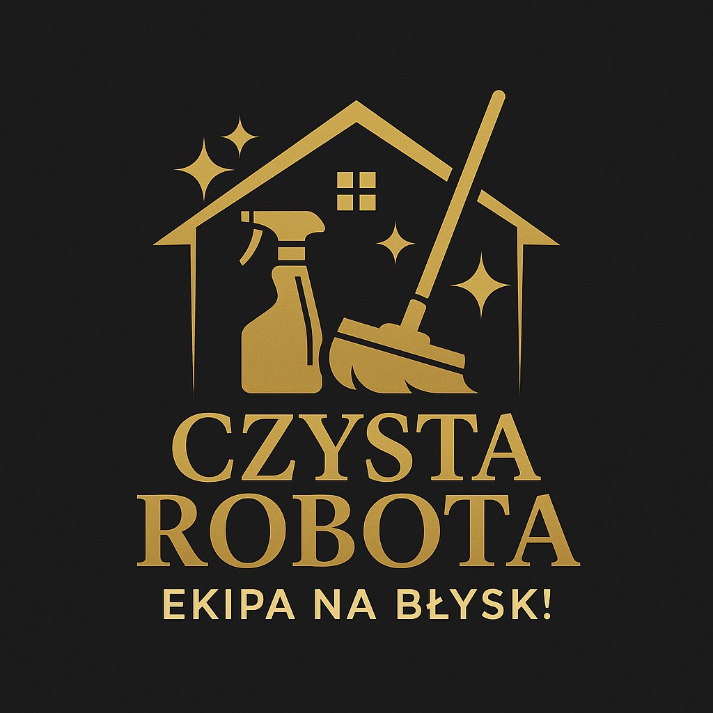 Złoty logotyp firmy sprzątającej: dom, mop, spray, gwiazdy i napis 'Czysta Robota Ekipa na Błysk!' na czarnym tle. Grafika w stylu retro.