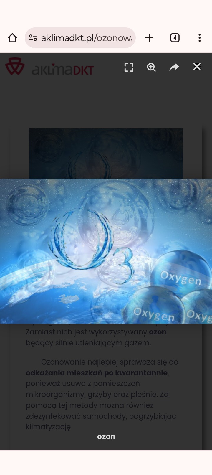 Grafika z symbolem O3 (ozon) i hasłem o odkażaniu mieszkań po kwarantannie. Ozonowanie usuwa mikroorganizmy, grzyby i pleśń, dezynfekuje samochody, klimatyzację.