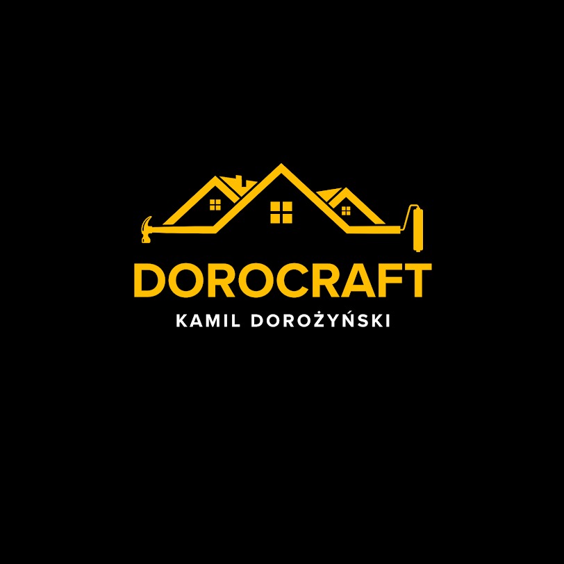 Żółte logo firmy DOROCRAFT Kamil Dorożyński na czarnym tle. Grafika łączy motyw domu, młotka i wałka malarskiego.