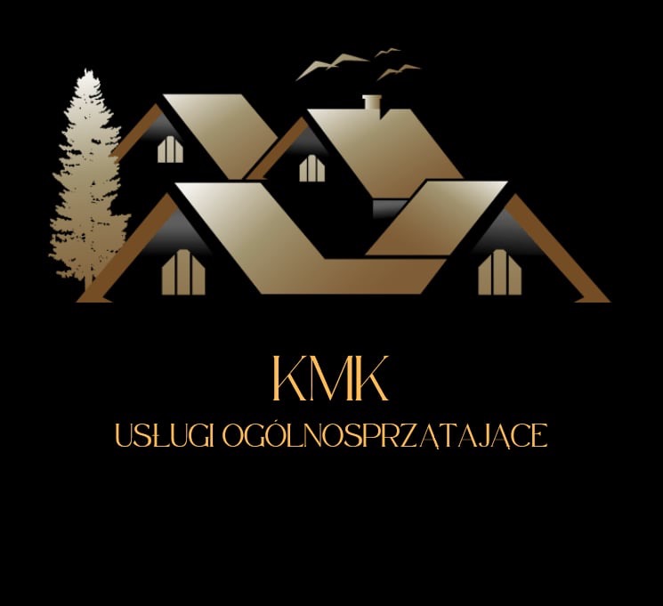 Eleganckie logo firmy KMK Usługi Ogólnosprzątające na czarnym tle, z motywem domów i drzewa w odcieniach złota.