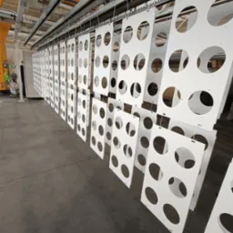 Białe, perforowane panele zawieszone na linii produkcyjnej po malowaniu proszkowym. Widoczne elementy konstrukcyjne i pracownik w tle.