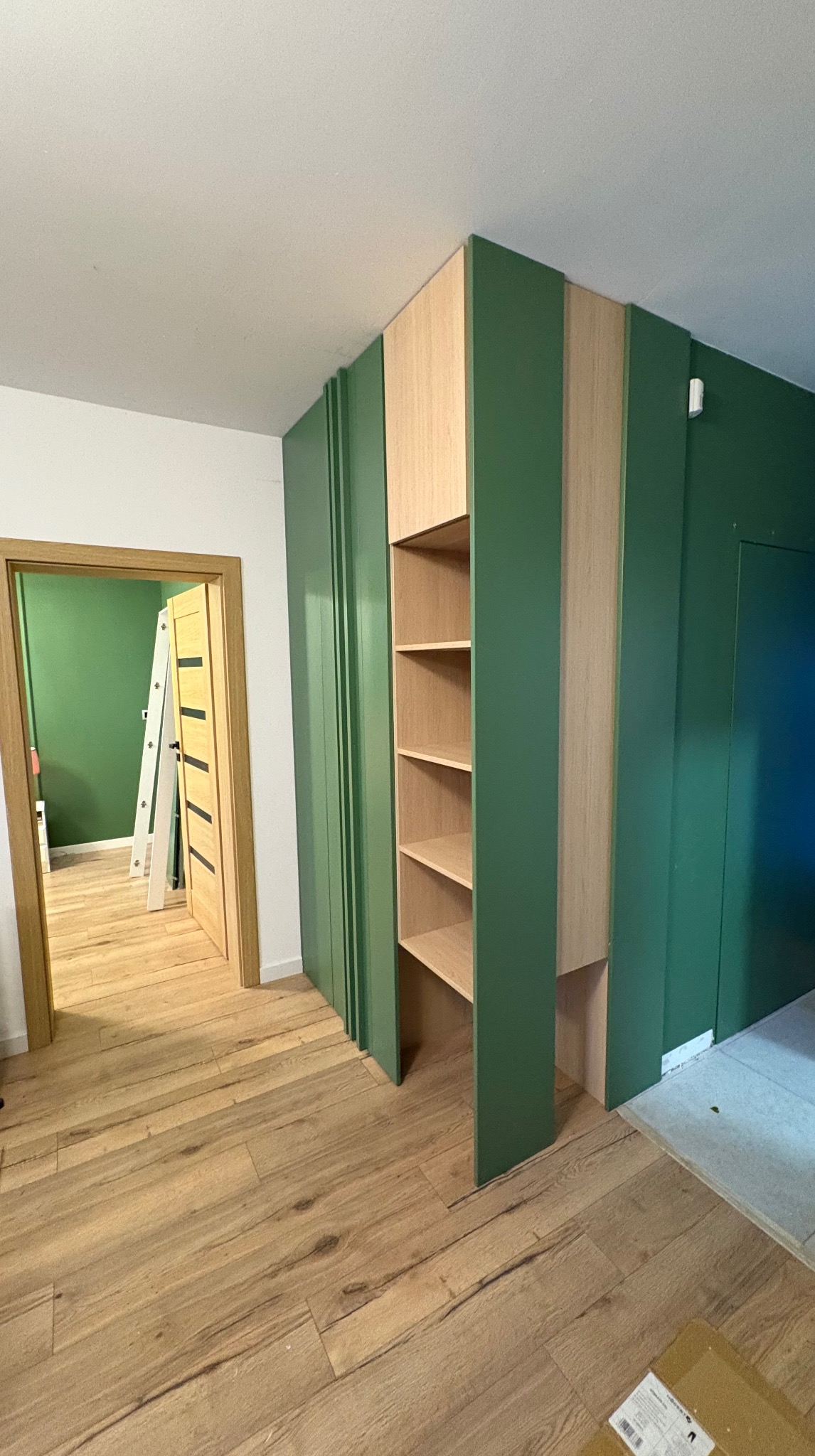 Zielona zabudowa meblowa z półkami z jasnego drewna, w tle widoczne drzwi i drabina. Podłoga z paneli imitujących drewno. Nietypowe połączenie kolorów.