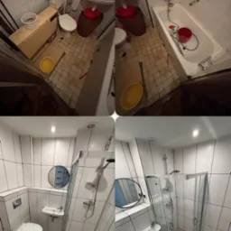 Fotografia przedstawia metamorfozę łazienki: od stanu zaniedbanego z brudnymi płytkami i starą armaturą, do nowoczesnej, czystej przestrzeni z kabiną prysznicową i nową ceramiką.