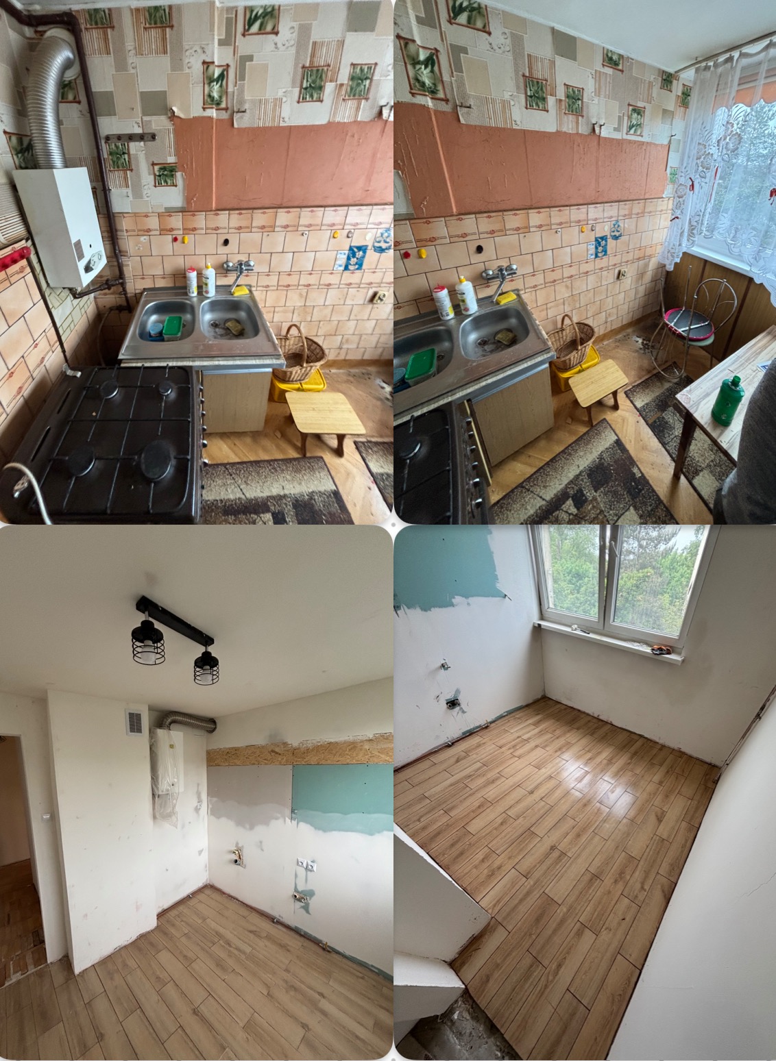 Kolaż zdjęć kuchni przed i po remoncie: stare płytki, nowe panele podłogowe, świeżo pomalowane ściany. Kontrastowe ujęcie, prezentacja zmiany.