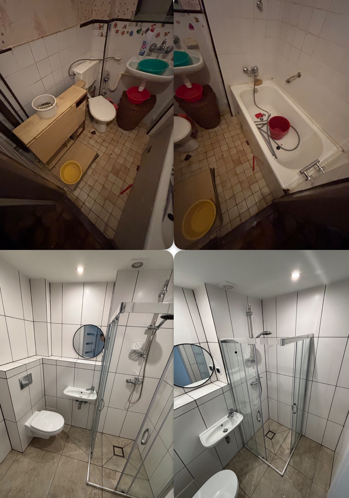 Fotografia przedstawia metamorfozę łazienki: od stanu zaniedbanego z brudnymi płytkami i starą armaturą, do nowoczesnej, czystej przestrzeni z kabiną prysznicową i nową ceramiką.