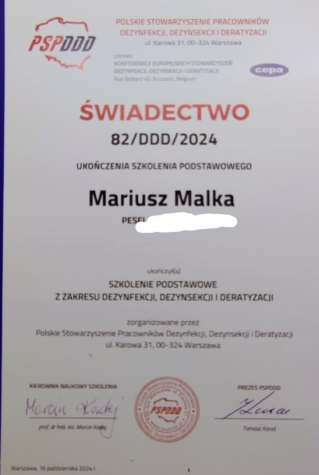 Skan świadectwa ukończenia szkolenia podstawowego w zakresie dezynfekcji, dezynsekcji i deratyzacji, wydanego przez Polskie Stowarzyszenie Pracowników.