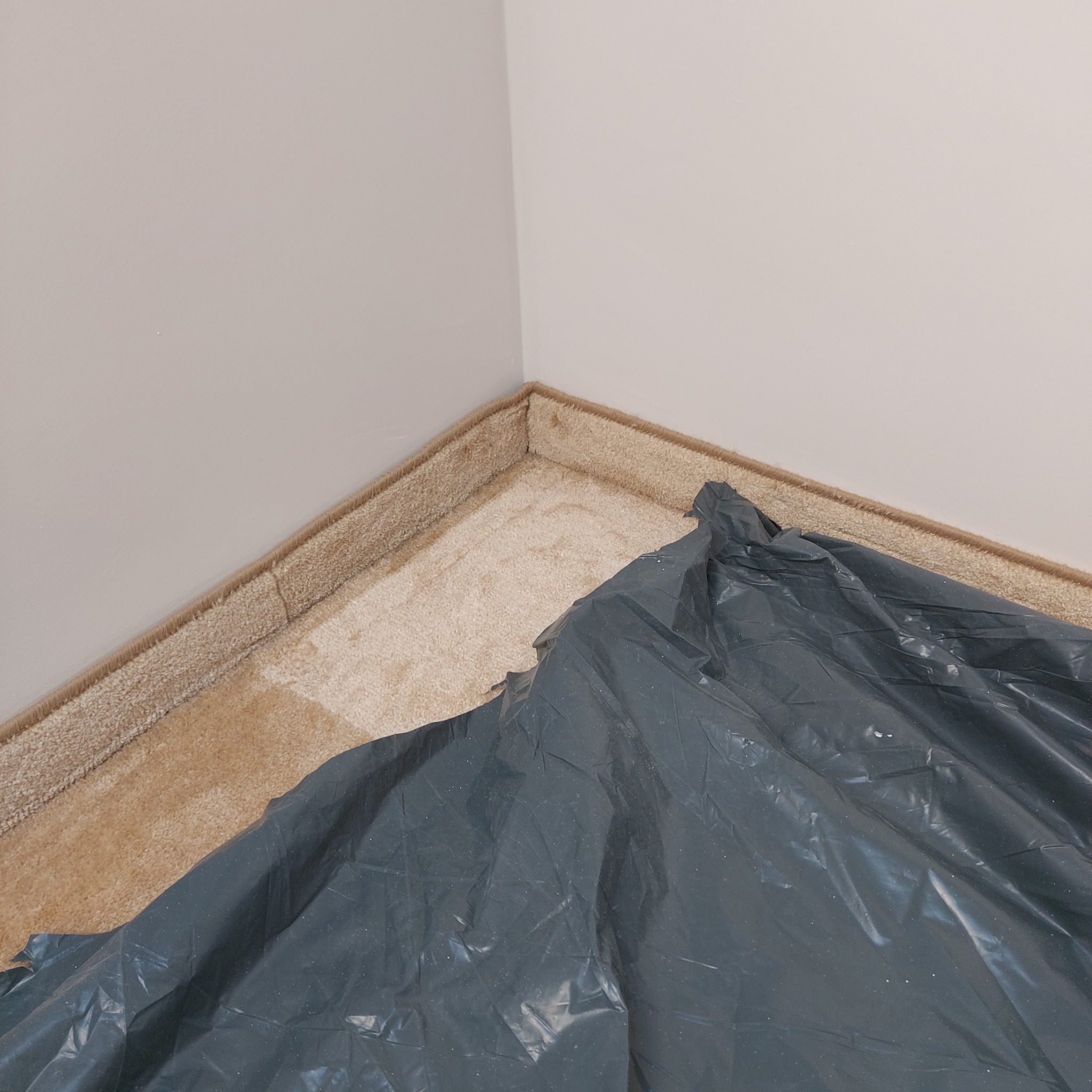Fragment pokoju z beżową wykładziną dywanową, częściowo przykrytą czarną folią ochronną, widoczne ściany w jasnym odcieniu beżu. Przygotowanie do prac remontowych.