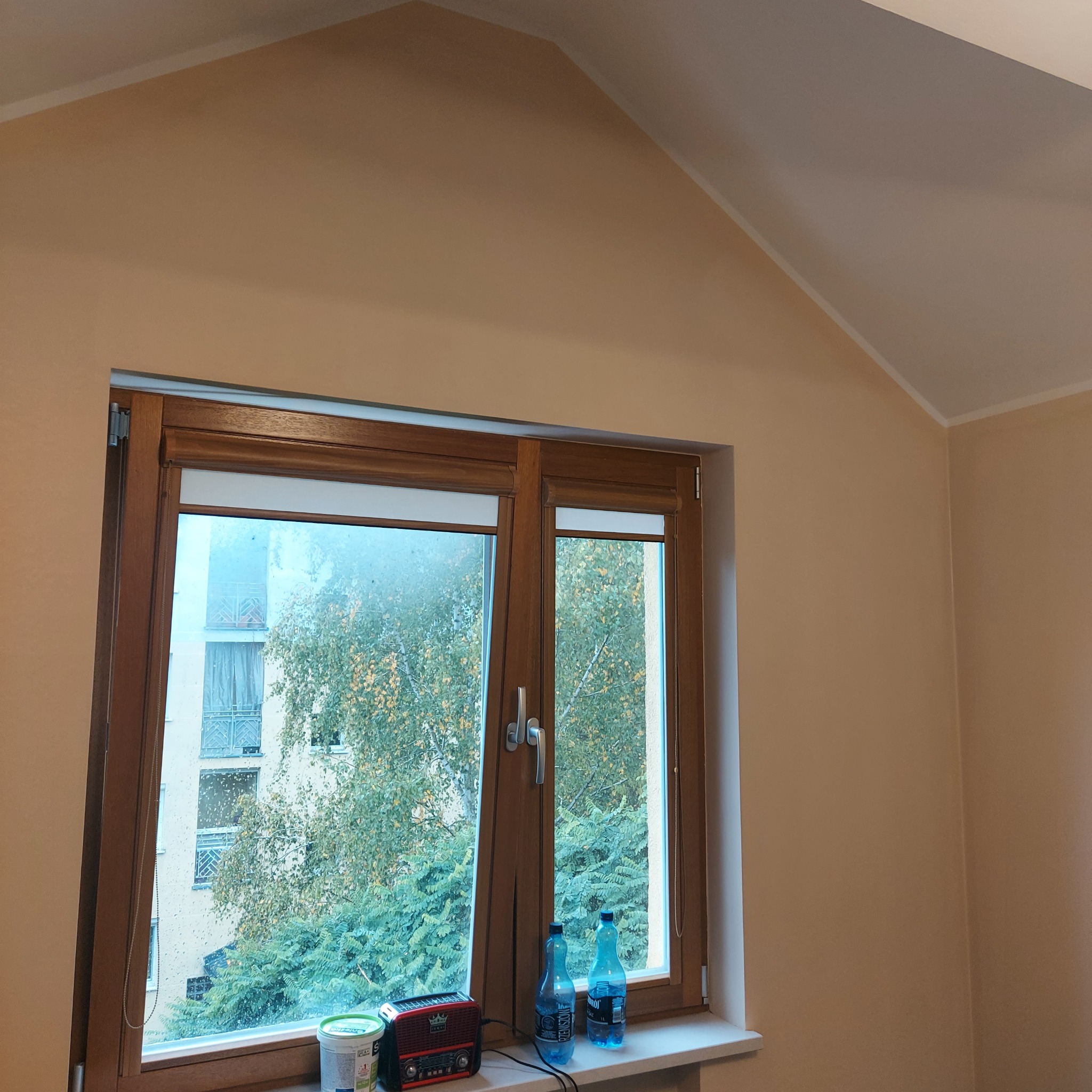 Pomalowane na beżowo wnętrze pokoju z oknem, na parapecie radio i butelki wody. Ściany gładkie, bez uszkodzeń. Widok z okna na zieleń i budynek.