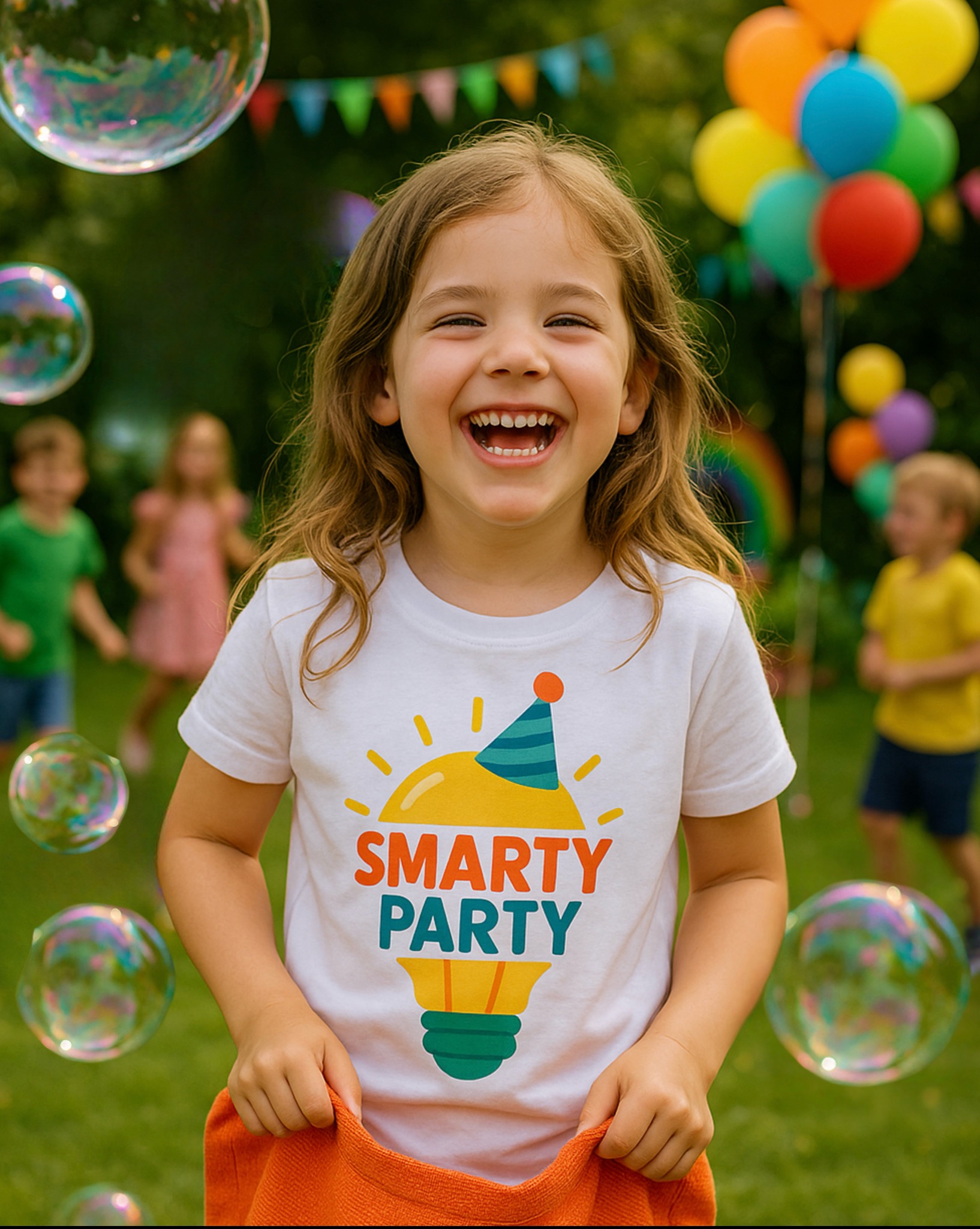 Uśmiechnięta dziewczynka w koszulce z napisem 'Smarty Party' na tle dekoracji urodzinowych i baniek mydlanych we Wrocławiu.