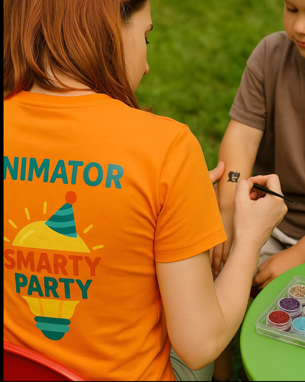 Animator maluje wzór na ramieniu dziecka pędzelkiem. Na stole pojemniki z brokatem. Koszulka z napisem 'Animator Smarty Party'.