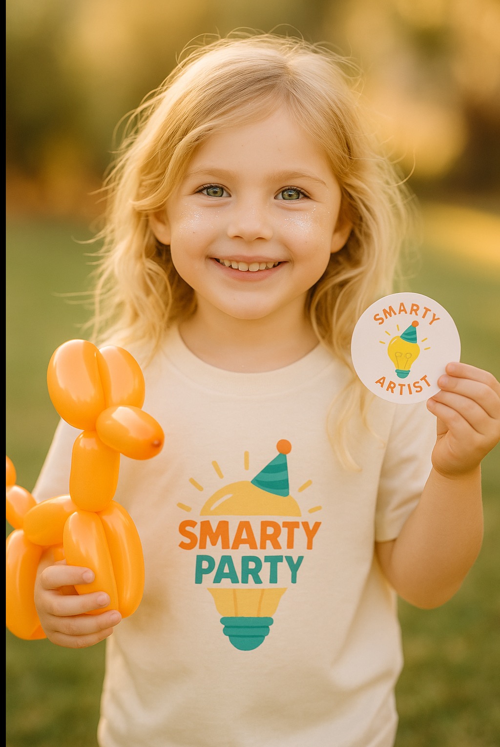 Uśmiechnięta dziewczynka z brokatem na policzkach trzyma balonowego pieska i kartkę 'Smarty Artist', ubrana w koszulkę z napisem 'Smarty Party'.