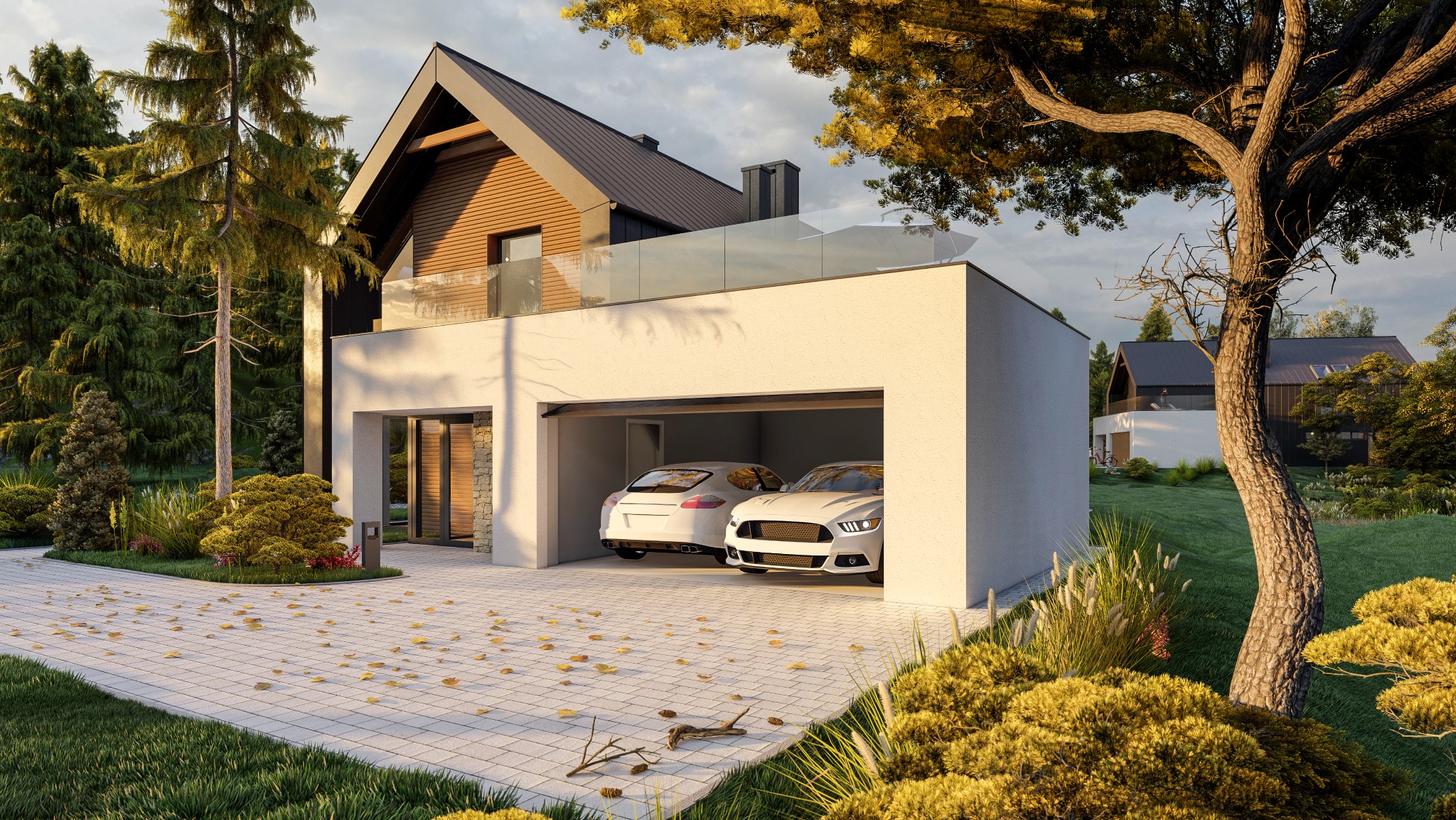 Nowoczesny dom z garażem na dwa auta, biała elewacja, drewniane akcenty, przeszklona balustrada. Widok na podjazd z kostki i zadbany ogród. Dwa samochody w garażu.