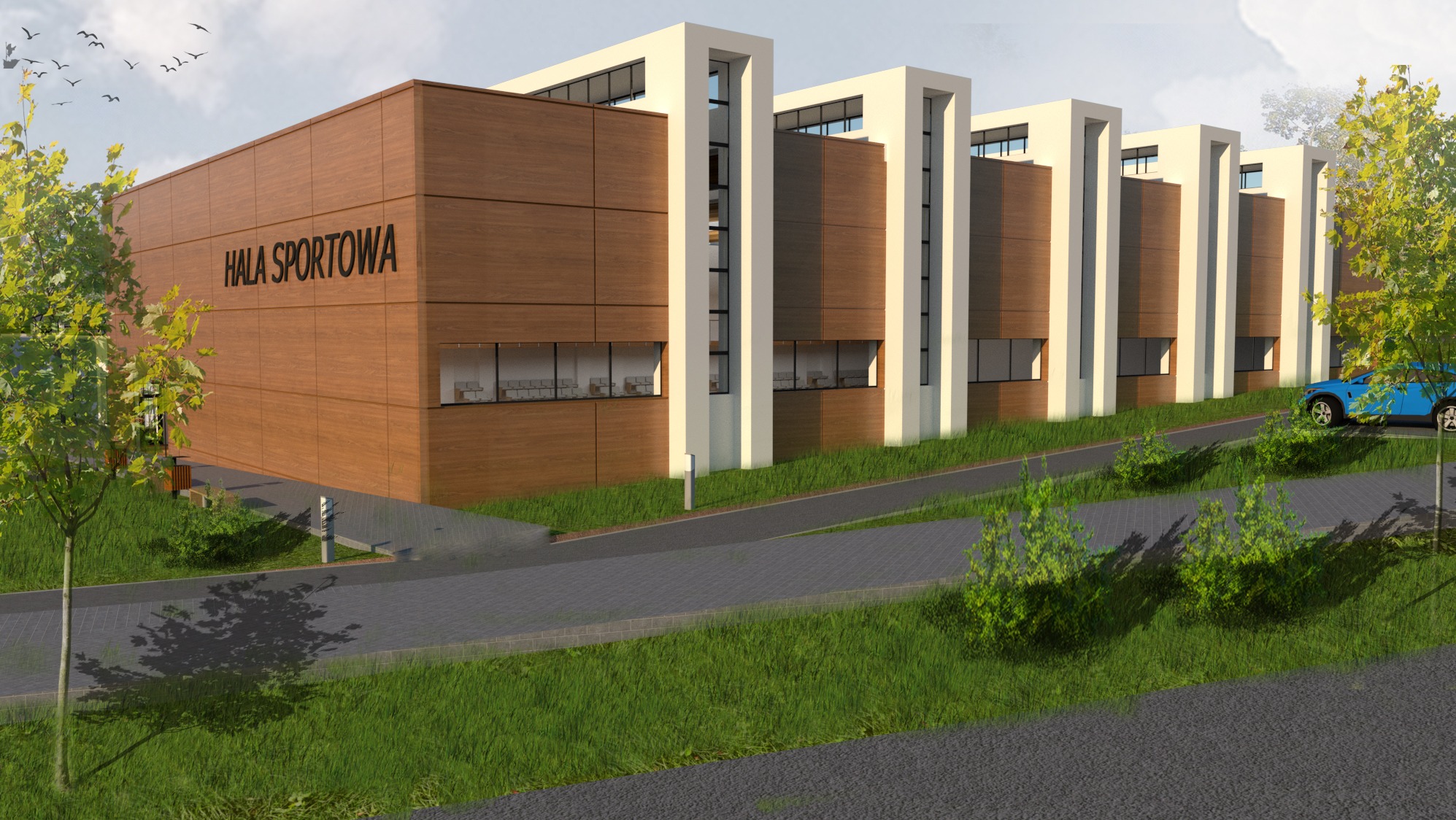 Wizualizacja hali sportowej z elewacją z paneli drewnopodobnych, białymi kolumnami i przeszkleniami. W tle błękitny samochód i drzewa. Widoczne ptaki na niebie.