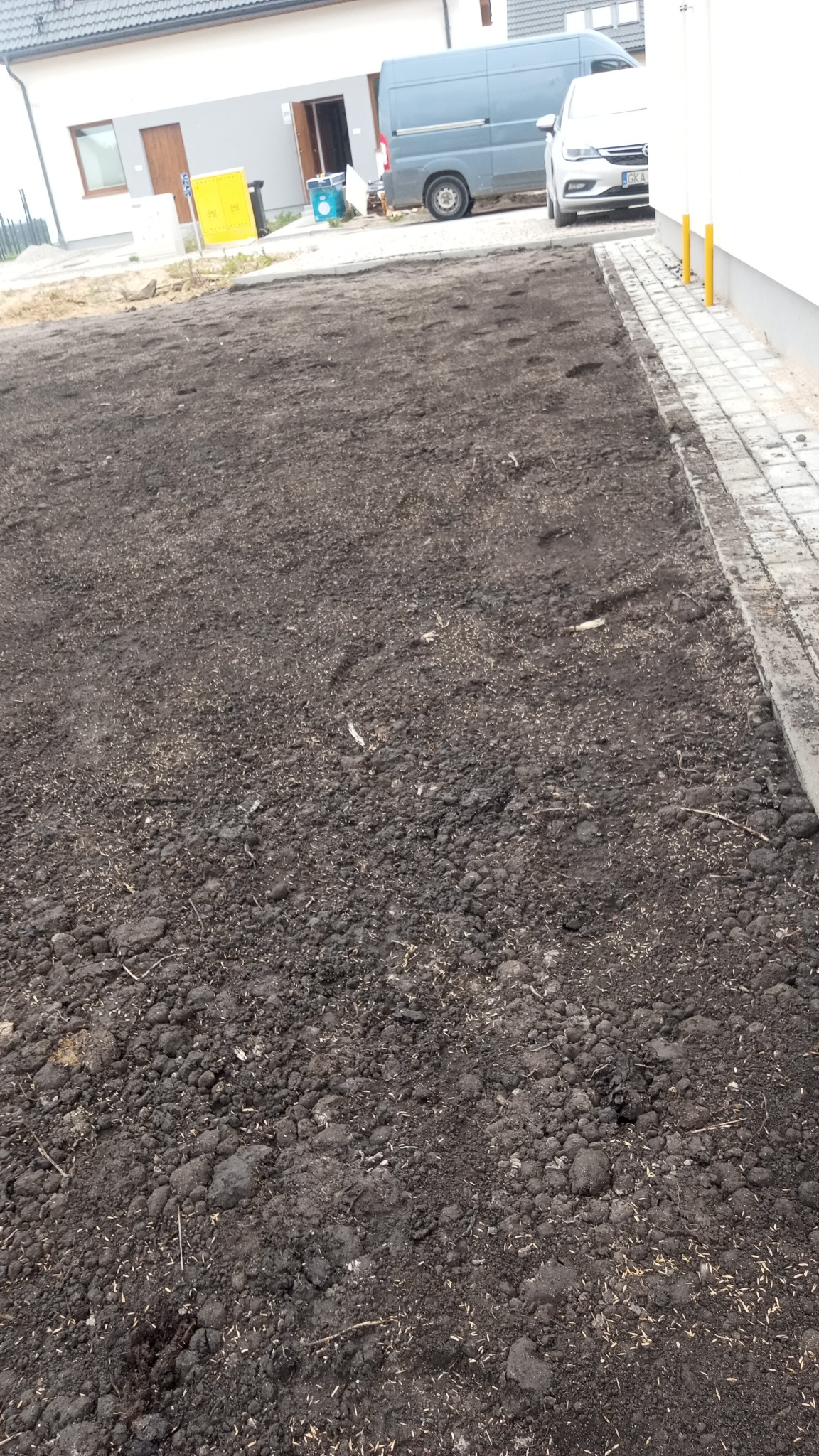 Przygotowany teren pod trawnik, świeżo rozsypane nasiona trawy, obrzeże z kostki brukowej, dom w tle. Widok z góry na wyrównaną ziemię.
